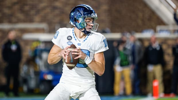 Oct 15, 2022; Durham, North Carolina, USA; North Carolina Tar Heels quarterback Drake Maye (10) with the football during the first half at Wallace Wade Stadium.
